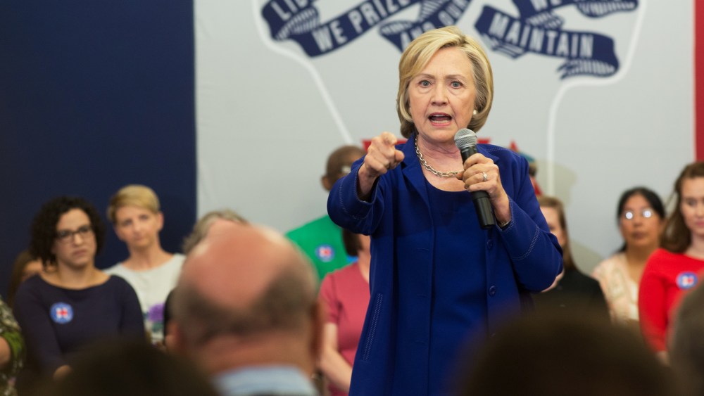 Former Secretary of State and presidential candidate Hillary Clinton addresses supporters at an organizational rally on July 7, 2015 at the Iowa City Public Library in Iowa City, Iowa. (Photo by David Greedy/Getty)
