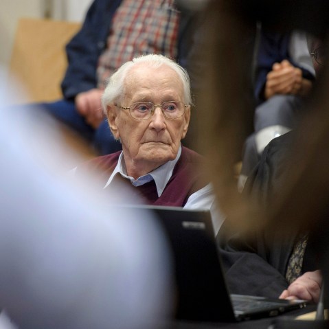Oskar Groening, 94, a former member of the Waffen-SS who worked at the Auschwitz concentration camp during World War II, awaits the verdict in his trial on July 15, 2015 in Lueneburg, Germany. (Photo by Hans-Jurgen Wege/Pool/Getty)