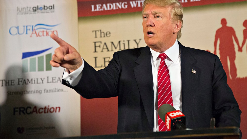 Donald Trump speaks during a press conference at The Family Leadership Summit in Ames, Iowa on July 18, 2015. (Photo by Daniel Acker/Bloomberg/Getty)