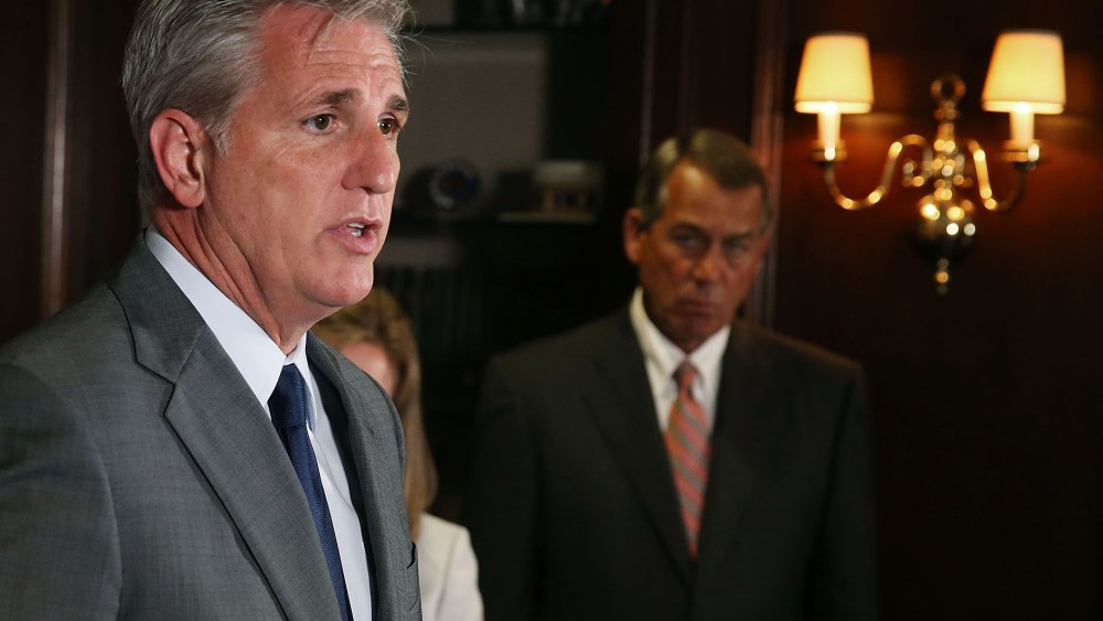 House Majority Leader Kevin McCarthy (R-CA) (L) speaks while flanked by House Speaker John Boehner (R-OH) during a news conference at GOP headquarters on Capitol Hill, July 22, 2015. (Photo by Mark Wilson/Getty)