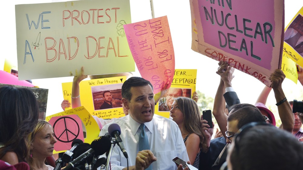 Presidential hopeful, US Senator Ted Cruz, R-TX, speaks on the Iran nuclear deal in Lafayette Square, across from the White House, on July 23, 2015 in Washington, DC. (Photo by Mandel Ngan/AFP/Getty)