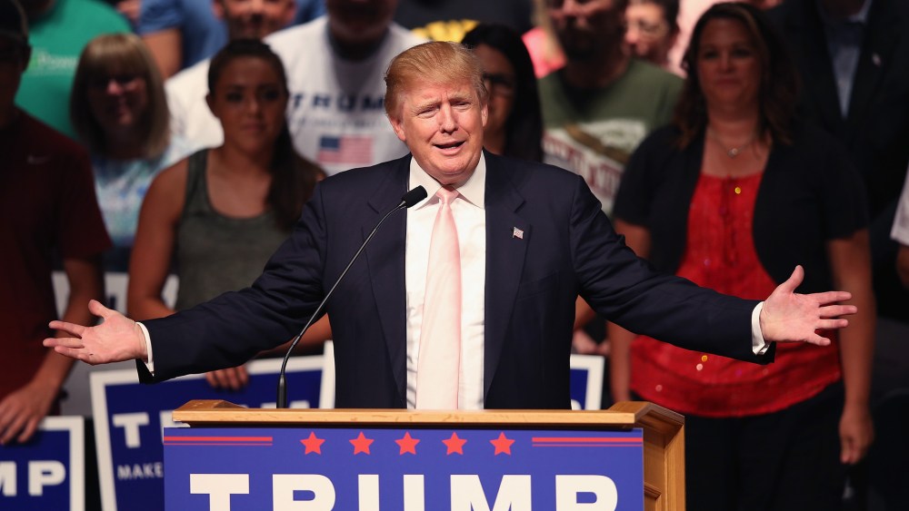 Republican presidential hopeful businessman Donald Trump speaks to guests gathered for a rally on July 25, 2015 in Oskaloosa, Iowa. (Photo by Scott Olson/Getty)