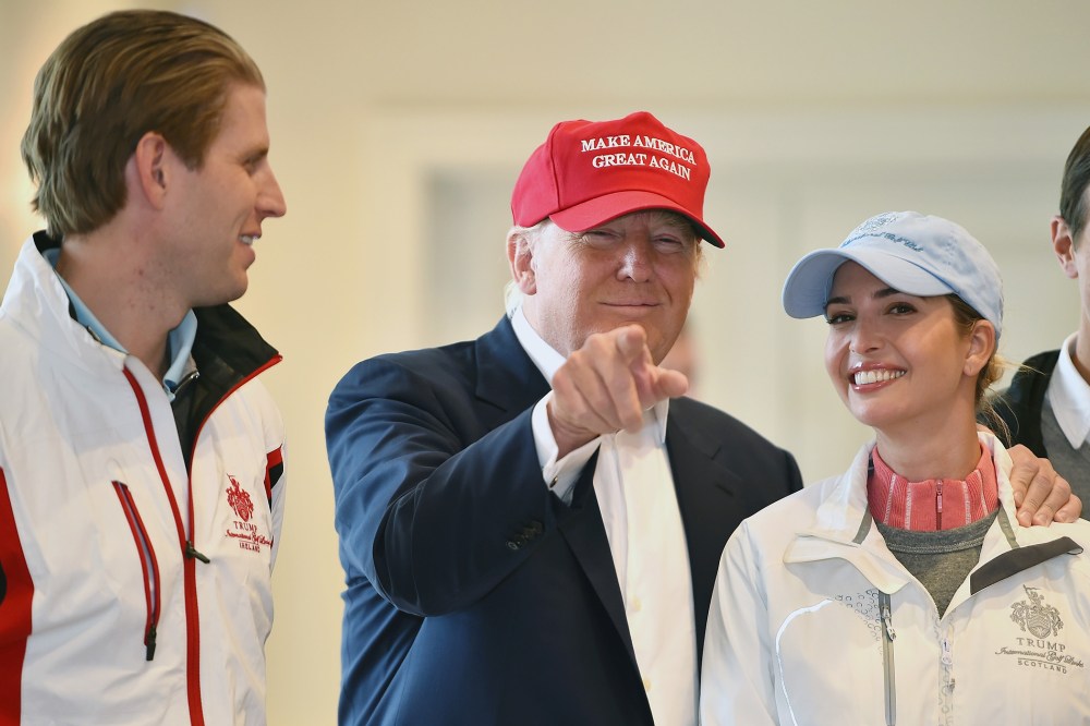 Republican Presidential Candidate Donald Trump visits his Scottish golf course Turnberry with his children Ivanka Trump and Eric Trump on July 30, 2015 in Ayr, Scotland. (Photo by Jeff J Mitchell/Getty)