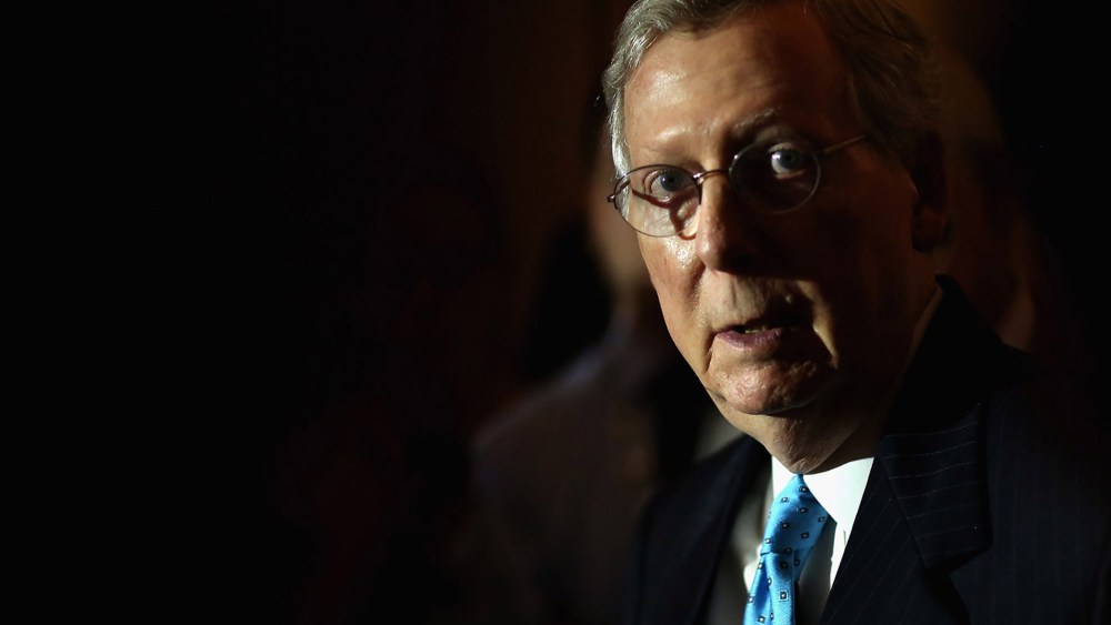 WASHINGTON, DC - AUGUST 04: Senate Majority Leader Mitch McConnell (R-KY) talks with reporters reporters after the weekly Senate Republican policy luncheon at the U.S. Capitol August 4, 2015 in Washington, DC. (Photo by Chip Somodevilla/Getty)