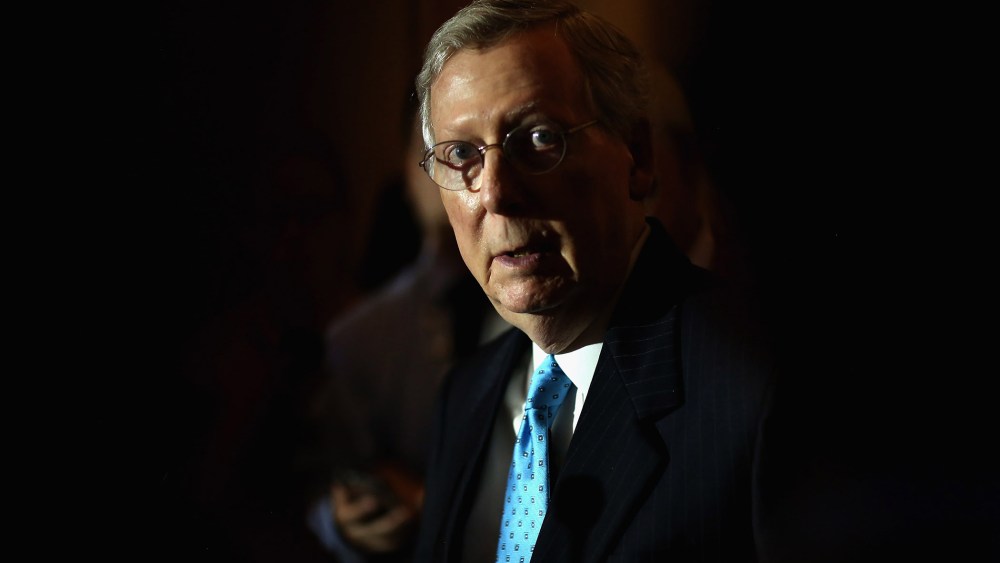 Senate Majority Leader Mitch McConnell (R-KY) talks with reporters reporters after the weekly Senate Republican policy luncheon at the U.S. Capitol Aug. 4, 2015 in Washington, D.C. (Photo by Chip Somodevilla/Getty)