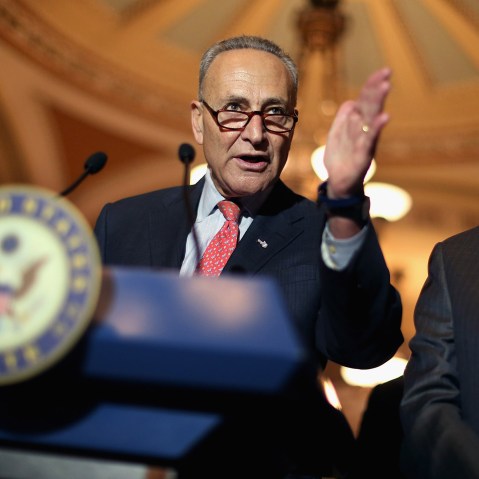 Sen. Charles Schumer and Senate Minority Leader Harry Reid talk with reporters after the weekly Democratic policy luncheon at the U.S. Capitol on Aug. 4, 2015 in Washington, DC. (Photo by Chip Somodevilla/Getty)