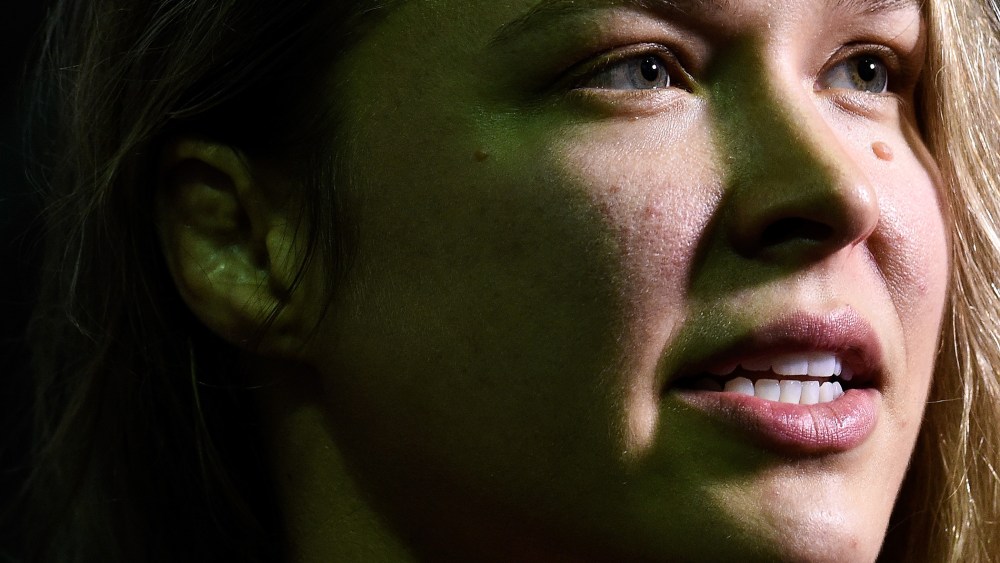 UFC Champion Ronda Rousey speaks to media on Aug. 4, 2015 in Rio de Janeiro, Brazil. (Photo by Buda Mendes/Zuffa LLC/Zuffa LLC/Getty)
