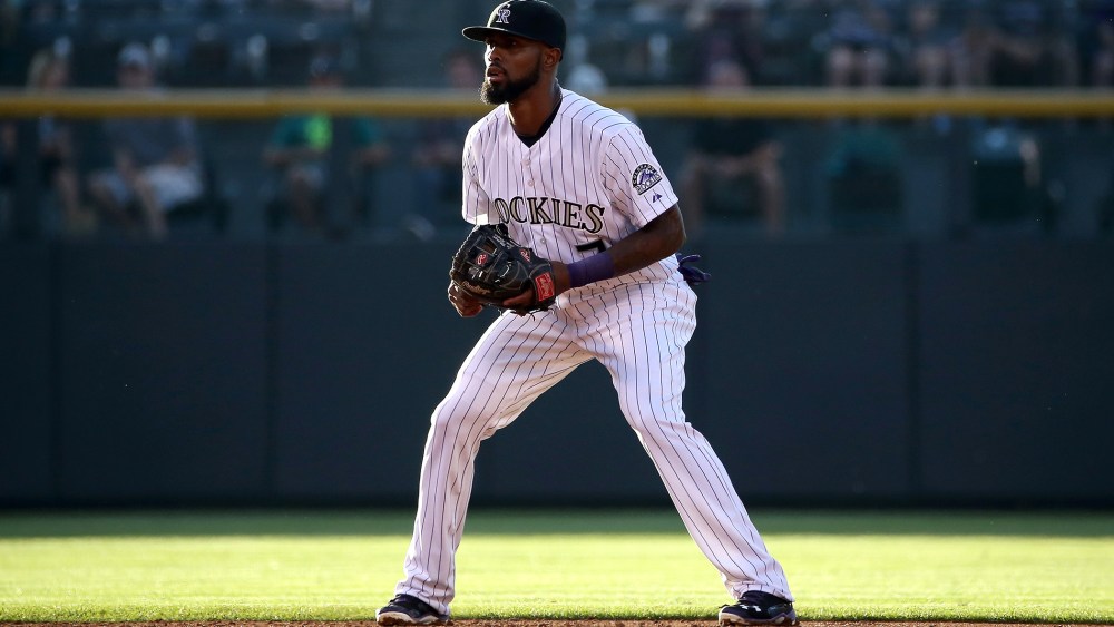 Shortstop Jose Reyes #7 of the Colorado Rockies plays defense during a game on Aug. 4, 2015 in Denver, Colo. (Photo by Doug Pensinger/Getty)
