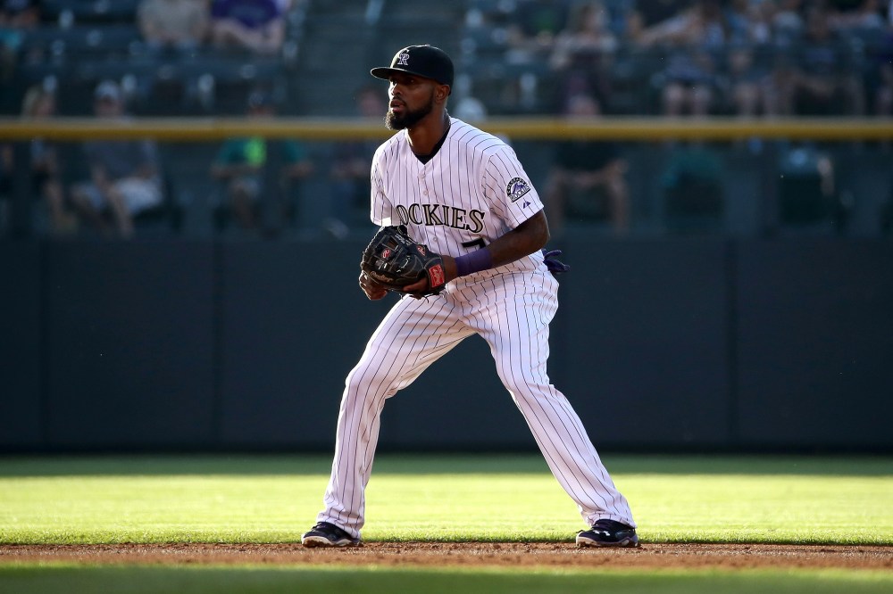 Shortstop Jose Reyes #7 of the Colorado Rockies plays defense during a game on Aug. 4, 2015 in Denver, Colo. (Photo by Doug Pensinger/Getty)