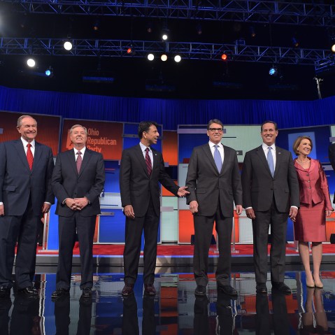Republican presidential hopefuls arrive on stage for the start of the Republican presidential primary debate on Aug. 6, 2015 at the Quicken Loans Arena in Cleveland, Ohio. (Photo by Mandel Ngan/AFP/Getty)