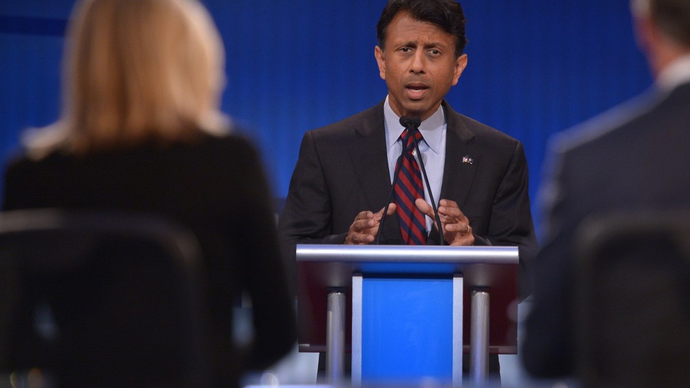 Republican presidential hopeful Bobby Jindal speaks during the Republican presidential primary debate on Aug. 6, 2015 at the Quicken Loans Arena in Cleveland, Ohio. (Photo by Mandel Ngan/AFP/Getty)