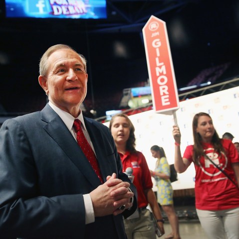 Republican presidential candidate Jim Gilmore awaits questions from the press following the first presidential forum at the Quicken Loans Arena Aug. 6, 2015 in Cleveland, Ohio. (Photo by Scott Olson/Getty)
