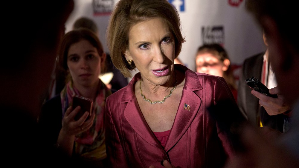 Carly Fiorina, 2016 Republican presidential candidate, speaks to the media in the spin area after a televised forum ahead of the first Republican presidential debate (Photo by Andrew Harrer/Bloomberg/Getty).