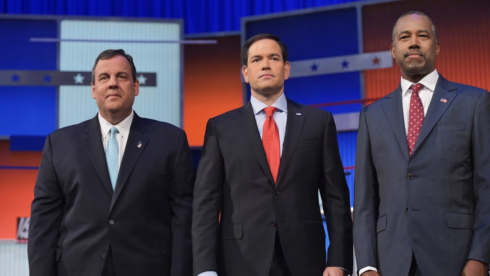 New Jersey Gov. Chris Christie, Florida Sen. Marco Rubio, and retired neurosurgeon Ben Carson participate in the Republican presidential primary debate on Aug. 6, 2015 at the Quicken Loans Arena in Cleveland, Ohio. (Photo by Mandel Ngan/AFP/Getty)