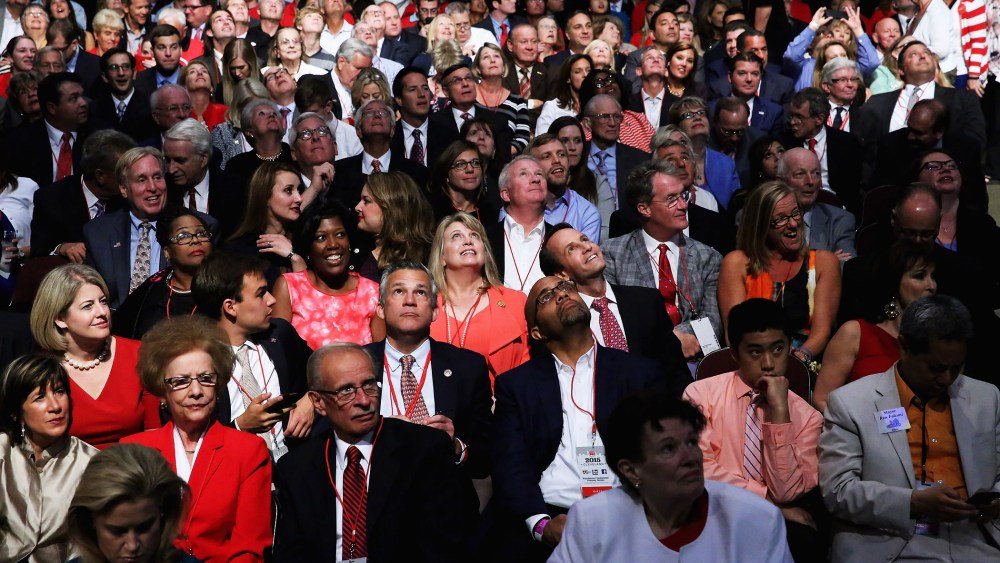 Audience members wait for the start of a Republican presidential debate hosted by FOX News and Facebook at the Quicken Loans Arena August 6, 2015 in Cleveland, Ohio. (Photo by Chip Somodevilla/Getty)