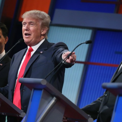 Republican presidential candidates participate in the first prime-time presidential debate hosted by FOX News and Facebook at the Quicken Loans Arena on Aug. 6, 2015 in Cleveland, Ohio. (Photo by Scott Olson/Getty)