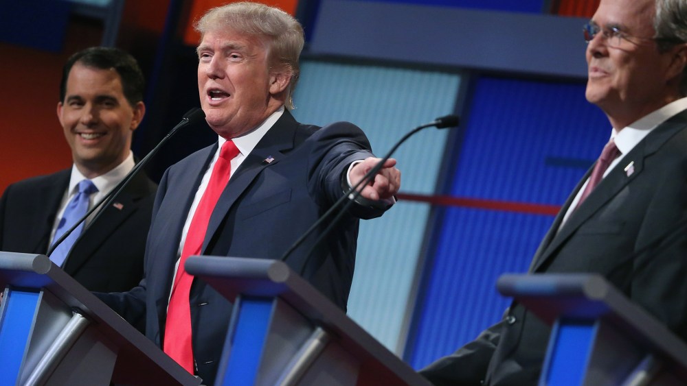 Republican presidential candidates participate in the first prime-time presidential debate hosted by FOX News and Facebook at the Quicken Loans Arena on Aug. 6, 2015 in Cleveland, Ohio. (Photo by Scott Olson/Getty)