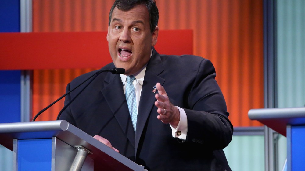 Republican presidential candidate New Jersey Gov. Chris Christie participates in the first prime-time presidential debate hosted by FOX News and Facebook at the Quicken Loans Arena, Aug. 6, 2015 in Cleveland, Ohio. (Photo by Chip Somodevilla/Getty)