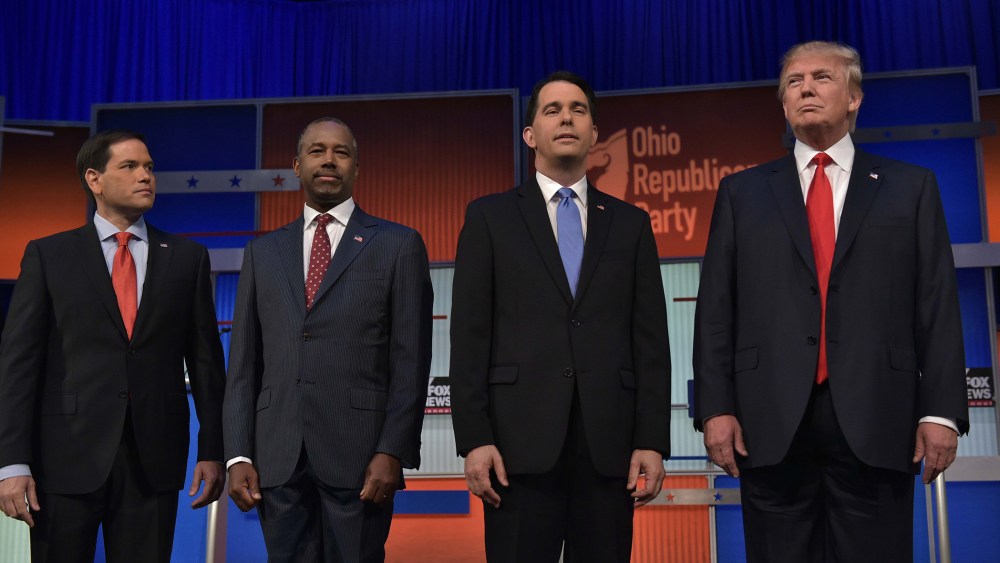 Florida Senator Marco Rubio, retired neurosurgeon Ben Carson, Wisconsin Gov. Scott Walker, and Donald Trump on the stage  in the Republican presidential primary debate, Aug. 6, 2015. (Photo by Mandel Ngan/AFP/Getty)