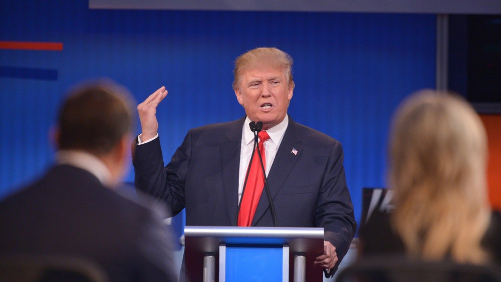Donald Trump delivers his closing statement during the prime time Republican presidential primary debate on August 6, 2015. (Photo by  Mandel Ngan/AFP/Getty)