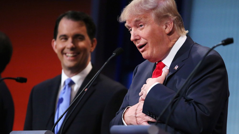 Republican presidential candidate Donald Trump participates in the first presidential debate at the Quicken Loans Arena August 6, 2015 in Cleveland, Ohio. (Photo by Chip Somodevilla/Getty)
