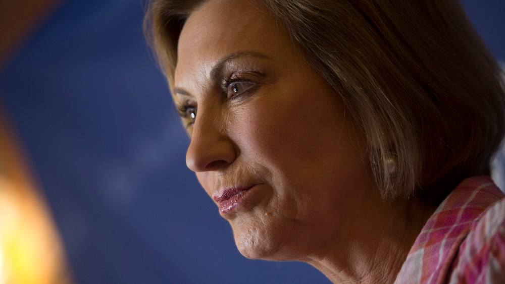 Carly Fiorina, 2016 Republican presidential candidate, listens to a question during an interview after speaking to attendees at the Iowa State Fair Soapbox in Des Moines, Ia., Aug. 17, 2015. (Photo by Andrew Harrer/Bloomberg/Getty)