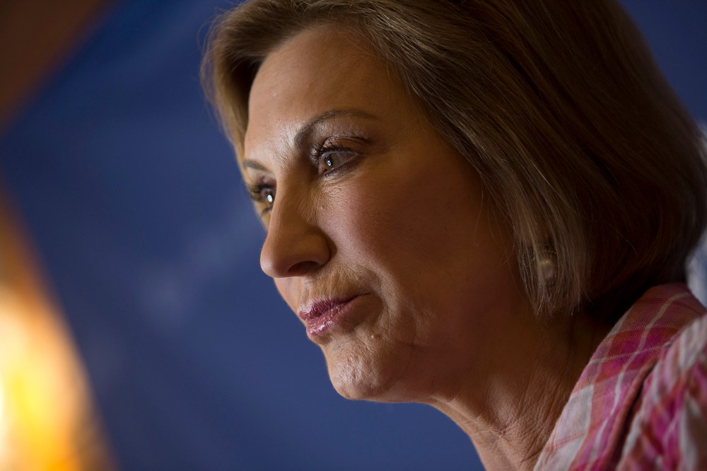 Carly Fiorina, 2016 Republican presidential candidate, listens to a question during an interview after speaking to attendees at the Iowa State Fair Soapbox in Des Moines, Ia., Aug. 17, 2015. (Photo by Andrew Harrer/Bloomberg/Getty)