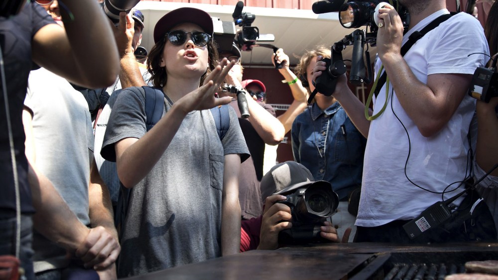 Actress Ellen Page questions Senator Ted Cruz, a Republican from Texas and 2016 presidential candidate, not pictured, on gay-rights issues during the Iowa State Fair in Des Moines, Iowa on Aug. 21, 2015. (Photo by Daniel Acker/Bloomberg/Getty)
