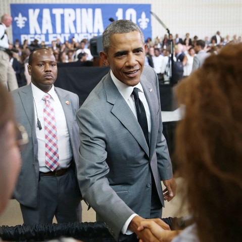 U.S. President Barack Obama greets people after speaking during an event to mark the 10th anniversary of Hurricane Katrina on Aug. 27, 2015 in New Orleans, La. (Photo by Joe Raedle/Getty)
