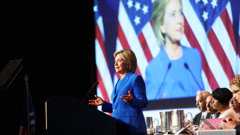 Democratic Presidential candidate Hillary Clinton speaks at the Democratic National Committee summer meeting on August 28, 2015 in Minneapolis, Minnesota. (Photo by Adam Bettcher/Getty)
