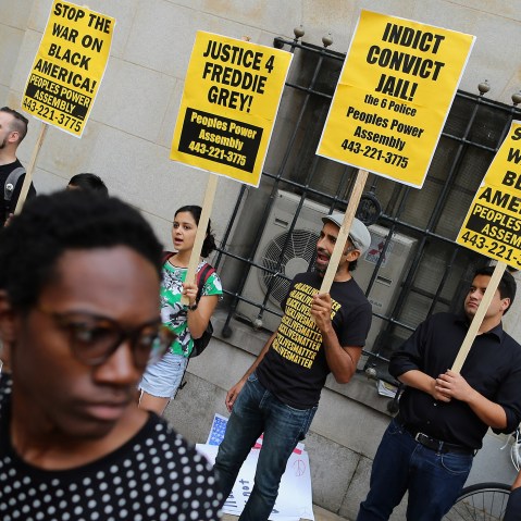 A group of demonstrators gather to protest the death of Freddie Gray on Sept. 2, 2015 in Baltimore, Md. (Photo by Chip Somodevilla/Getty)