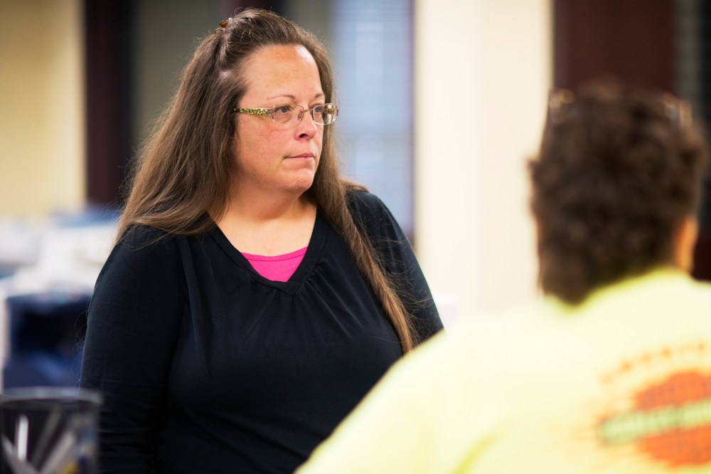 Kim Davis, the Rowan County Clerk of Courts, speaks to coworkers at the County Clerks Office on Sept. 2, 2015 in Morehead, Ky. (Photo by Ty Wright/Getty)