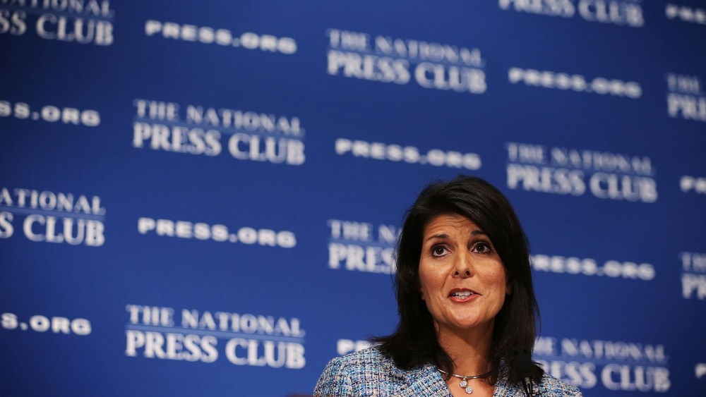 South Carolina Governor Nikki Haley addresses a Newsmaker Luncheon at the National Press Club September 2, 2015 in Washington, DC. (Photo by Alex Wong/Getty)