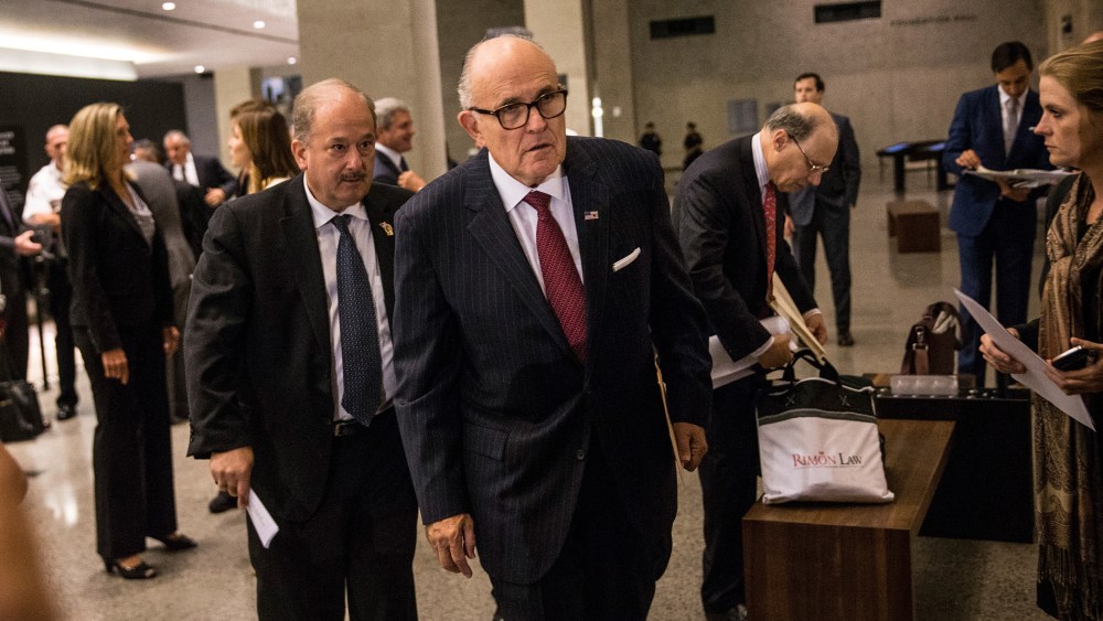 Former Mayor of New York City Rudy Giuliani waits to testify at a U.S. House of Representatives Committee on Homeland Security hearing at the National September 11 Memorial and Museum on Sep. 8, 2015. (Photo by Andrew Burton/Getty)