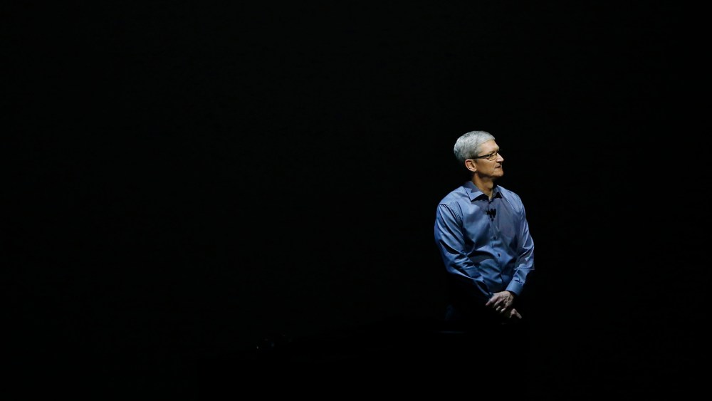 Apple CEO Tim Cook stands on stage during a Special Event at Bill Graham Civic Auditorium Sept. 9, 2015 in San Francisco, Calif. (Photo by Stephen Lam/Getty)
