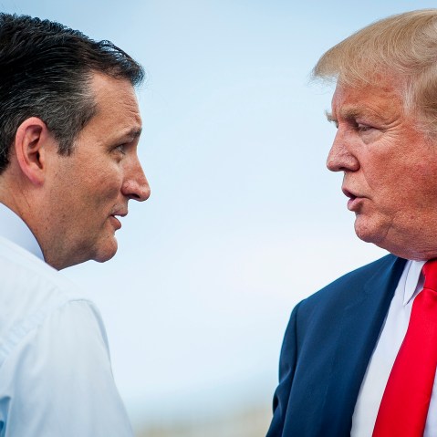 Republican presidential candidate Ted Cruz speaks with fellow candidate Donald Trump during a Tea Party Patriots rally against the Iran nuclear deal on Capitol Hill in Washington, D.C., Sep. 9, 2015. (Photo by Pete Marovich/Bloomberg/Getty)
