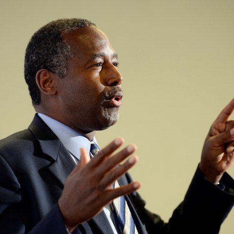 Republican presidential candidate Ben Carson speaks during new conference before a campaign rally at the Anaheim Convention Center Sept. 9, 2015 in Anaheim, Calif. (Photo by Kevork Djansezian/Getty)