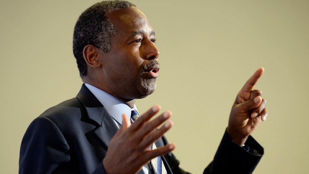 Republican presidential candidate Ben Carson speaks during new conference before a campaign rally at the Anaheim Convention Center Sept. 9, 2015 in Anaheim, Calif. (Photo by Kevork Djansezian/Getty)