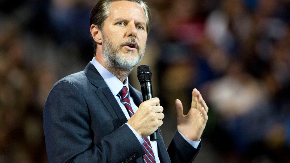 Jerry Falwell Jr., president of Liberty University speaks during a Liberty University Convocation in Lynchburg, Va., on Sept. 14, 2015. (Photo by Andrew Harrer/Bloomberg/Getty)