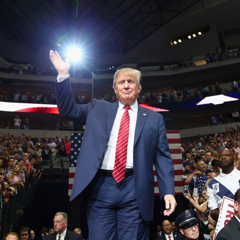 Republican presidential candidate Donald Trump arrives at a campaign rally at the American Airlines Center on Sept. 14, 2015 in Dallas, Texas. (Photo by Tom Pennington/Getty)