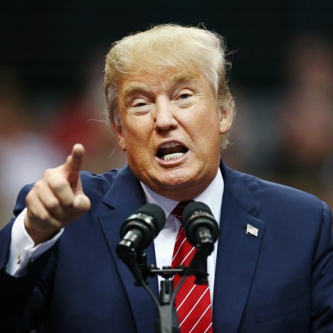 Republican presidential candidate Donald Trump speaks during a campaign rally at the American Airlines Center on Sept. 14, 2015 in Dallas, TX. (Photo by Tom Pennington/Getty)