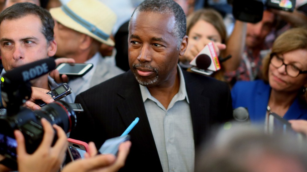 Republican candidate Ben Carson speaks to reporters before the start of the Republican Presidential Debates at the Reagan Library on Sept. 16, 2015 in Simi Valley, Calif. (Photo by Sandy Huffaker/Getty)