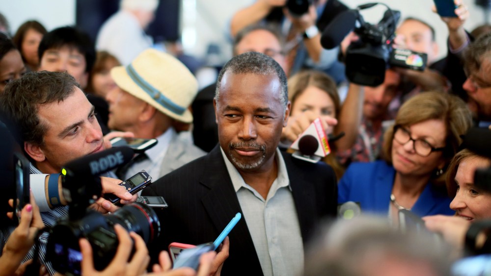 Republican candidate Dr. Ben Carson speaks to reporters before the start of the Republican Presidential Debates at the Reagan Library on Sept. 16, 2015 in Simi Valley, Calif. (Photo by Sandy Huffaker/Getty)