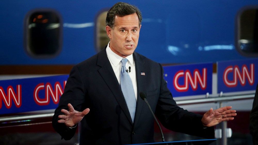 Republican presidential candidate Rick Santorum take part in the presidential debates at the Reagan Library on Sept. 16, 2015 in Simi Valley, Calif. (Photo by Justin Sullivan/Getty)