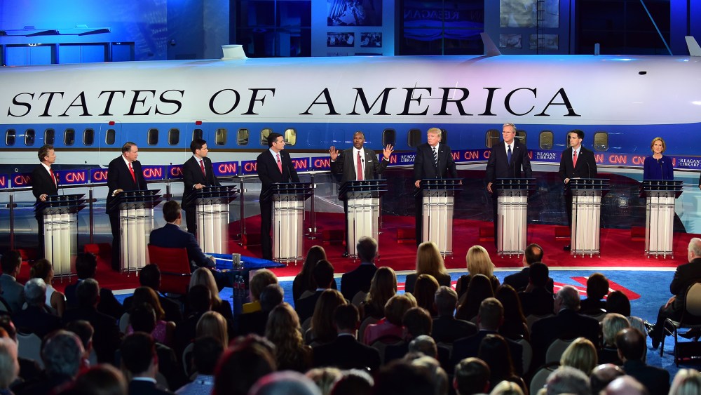 Republican presidential hopefuls listen as retired neurosurgeon Ben Carson (C) speaks during the Presidential debate at the Ronald Reagan Presidential Library in Simi Valley, Calif., on Sept. 16, 2015. (Photo by Frederic J. Brown/AFP/Getty)