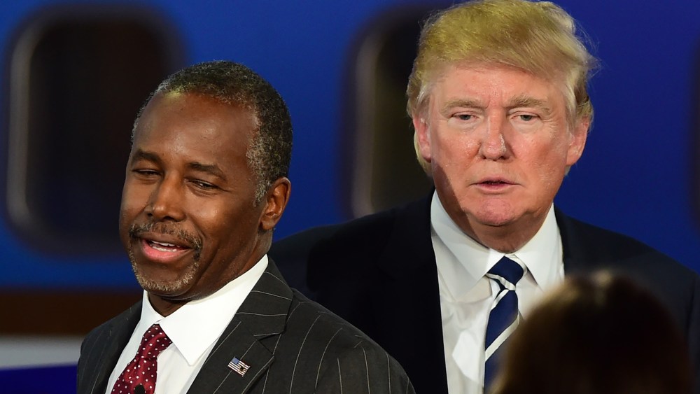 Republican presidential hopefuls Ben Carson and Donald Trump participate in the Republican Presidential Debate at the Ronald Reagan Presidential Library in Simi Valley, Calif., Sept. 16, 2015. (Photo by Frederic J. BrownAFP/Getty)