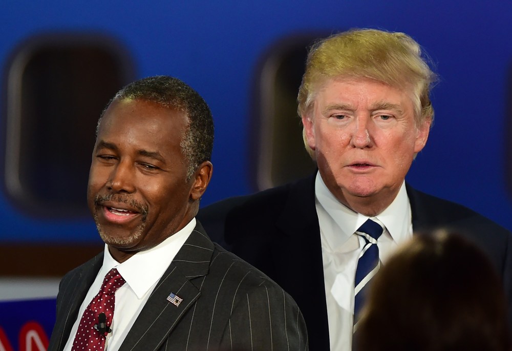 Republican presidential hopefuls Ben Carson and Donald Trump participate in the Republican Presidential Debate at the Ronald Reagan Presidential Library in Simi Valley, Calif., Sept. 16, 2015. (Photo by Frederic J. BrownAFP/Getty)
