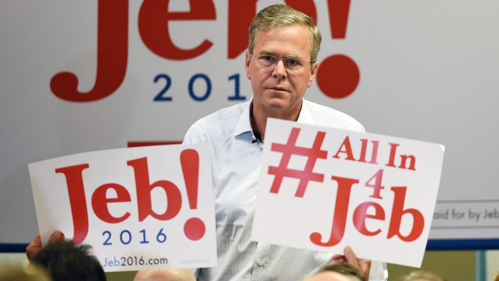 Republican presidential candidate Jeb Bush speaks during a campaign rally at the Veterans Memorial Leisure Services Center on Sept. 17, 2015 in Las Vegas, Nev. (Photo by Ethan Miller/Getty)