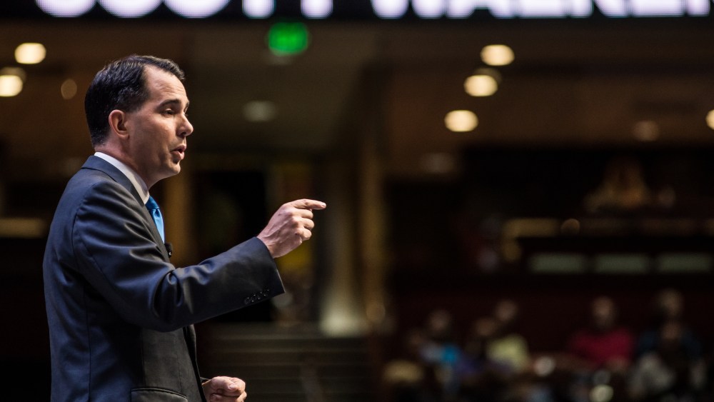 Wis.n Governor and republican presidential candidate Scott Walker speaks to voters at the Heritage Action Presidential Candidate Forum on Sept. 18, 2015 in Greenville, S.C. (Photo by Sean Rayford/Getty)