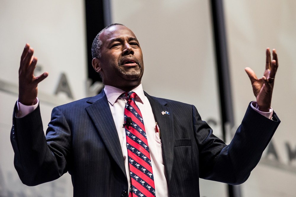 Republican presidential hopeful Ben Carson speaks to the crowd at the Heritage Action Presidential Candidate Forum Sept. 18, 2015 in Greenville, S.C. (Photo by Sean Rayford/Getty)